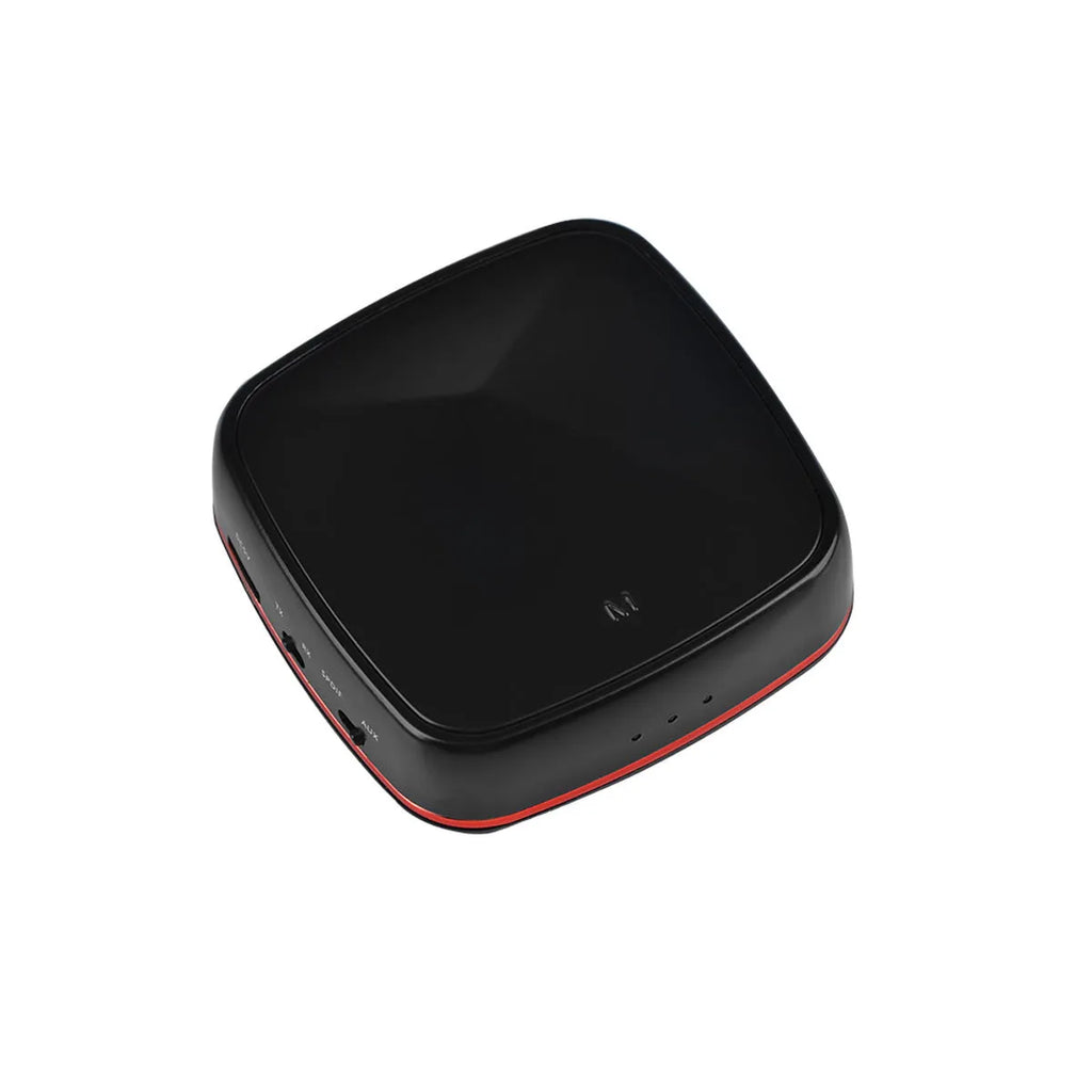 Black CSR8675 Bluetooth 5.0 audio adapter with optical and AUX ports for wireless home theatre connection.