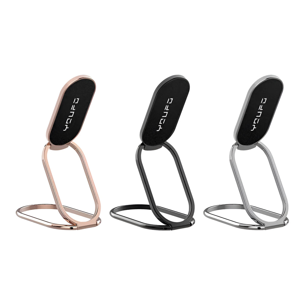 Metal ring buckle holder foldable lazy phone stand with magnetic function in silver on a desk