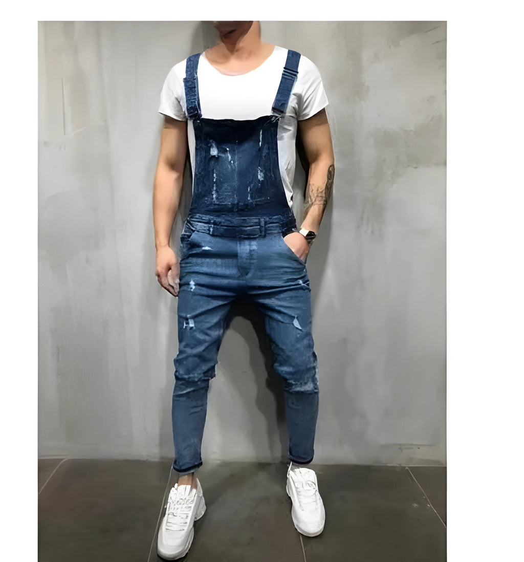 Men's baggy jeans suspenders with holes, loose fit, button flap, mid waist, blue colour option