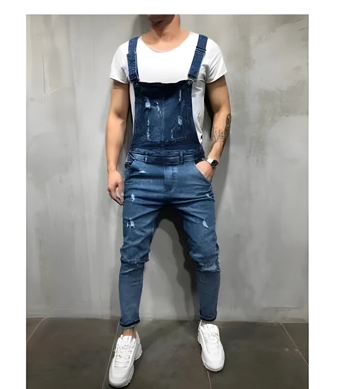Men's baggy jeans suspenders with holes, loose fit, button flap, mid waist, blue colour option