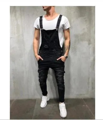 Men's baggy jeans suspenders with holes, loose fit, button flap, mid waist, blue colour option