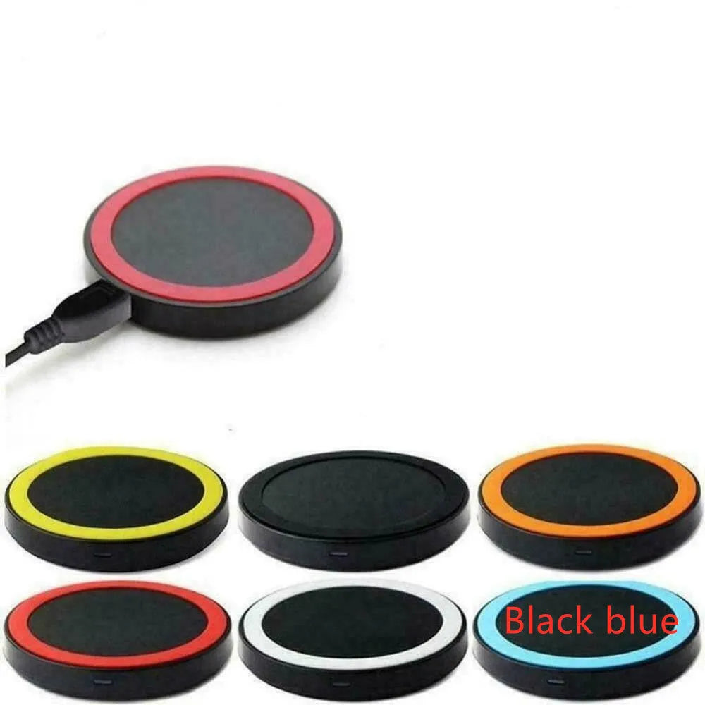 Compact square wireless charging pad in one of six colours: black, blue, orange, red, white, or yellow.