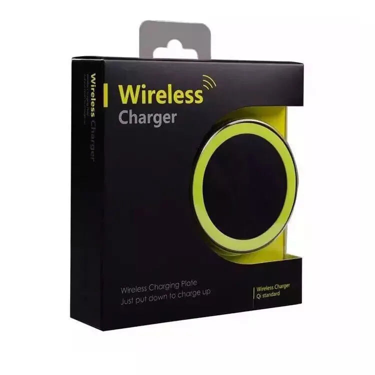 Compact square wireless charging pad in one of six colours: black, blue, orange, red, white, or yellow.
