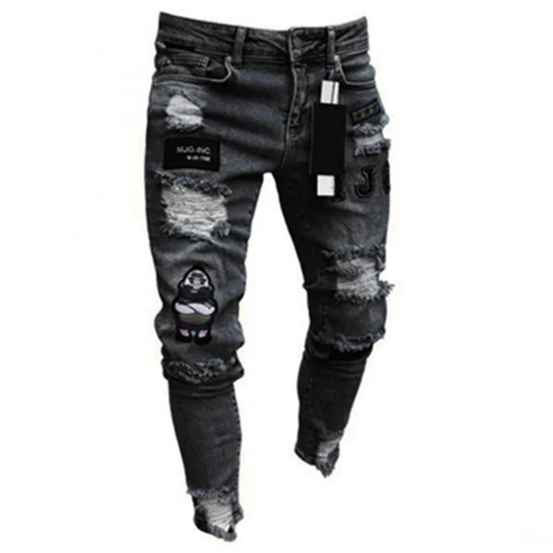 Men's baggy jeans suspenders with holes, loose fit, button flap, mid waist, blue colour option