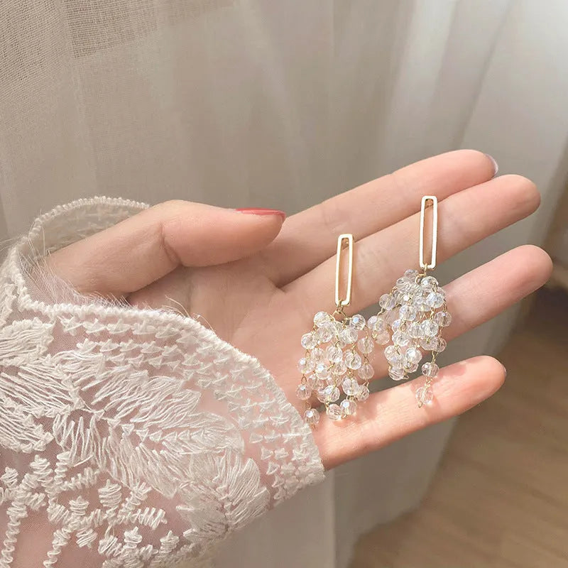 Crystal tassel grape earrings in gold alloy geometric design clip-on for women
