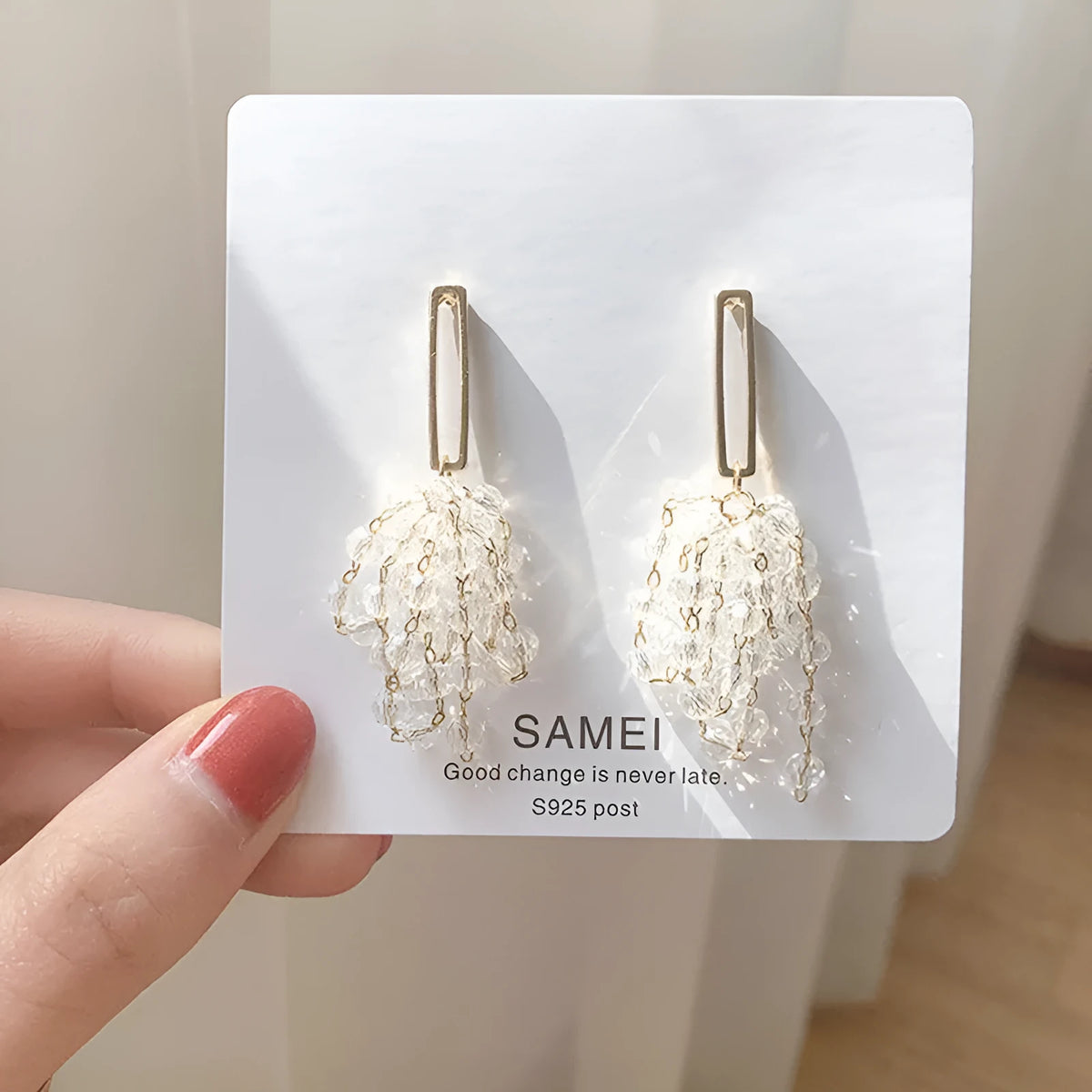 Crystal tassel grape earrings in gold alloy geometric design clip-on for women