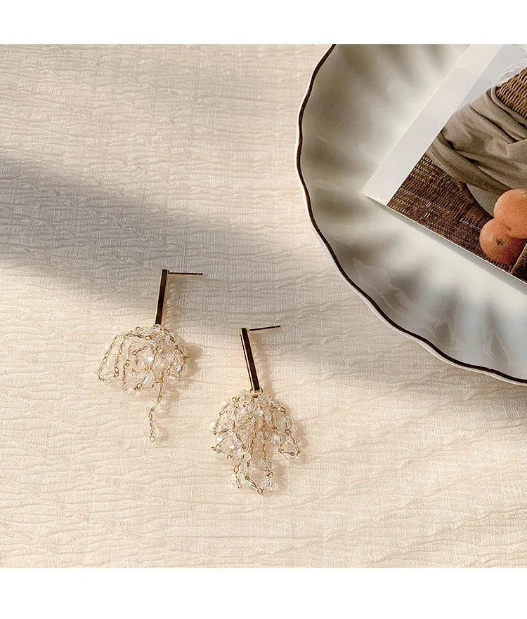 Crystal tassel grape earrings in gold alloy geometric design clip-on for women
