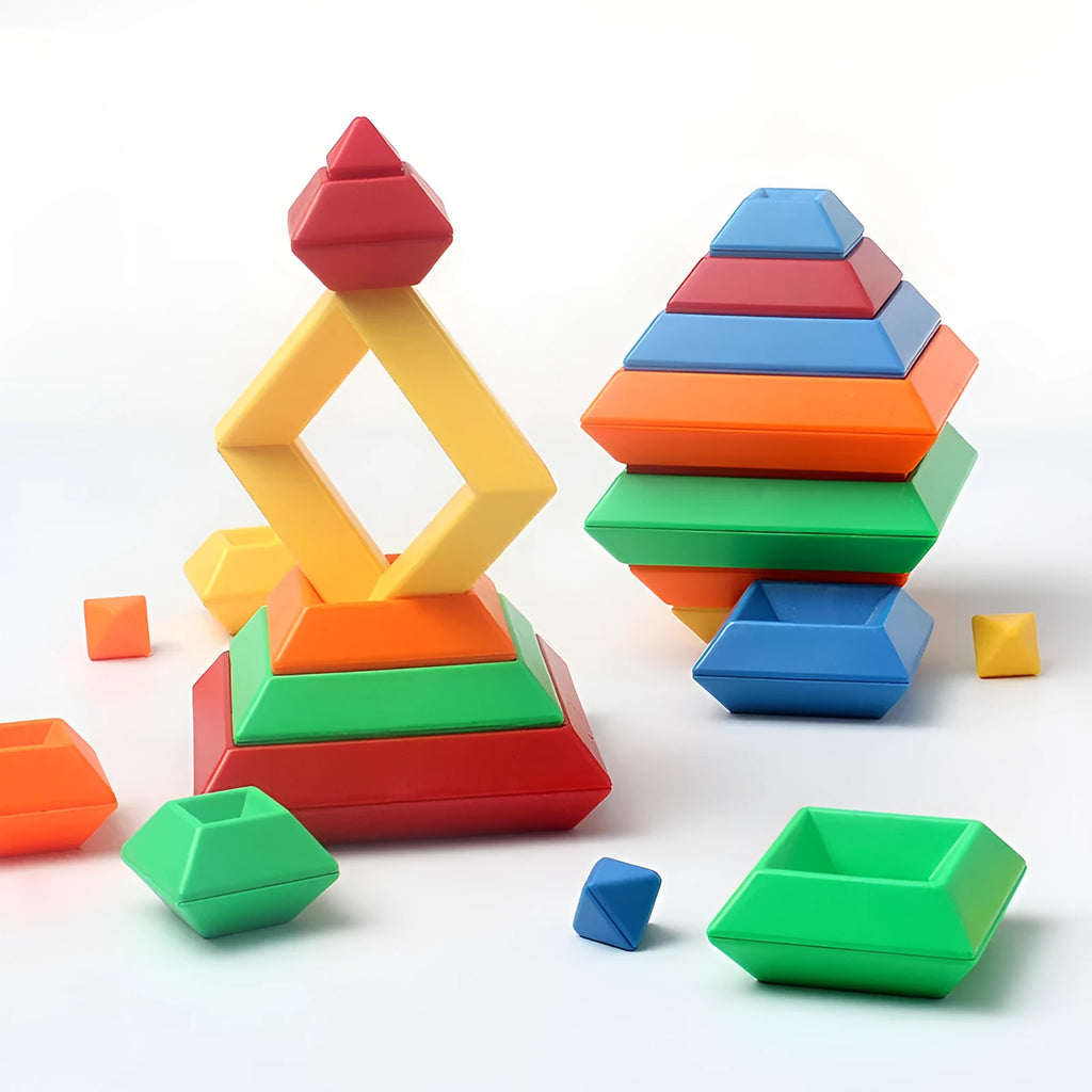Rainbow coloured wooden Jenga style tower building blocks educational toy for children