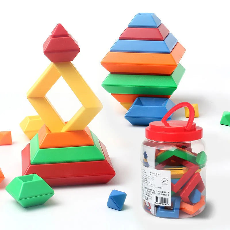 Rainbow coloured wooden Jenga style tower building blocks educational toy for children
