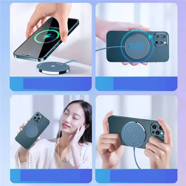 15W magnetic wireless charger in black, blue, and white – ABS body with built-in magnet
