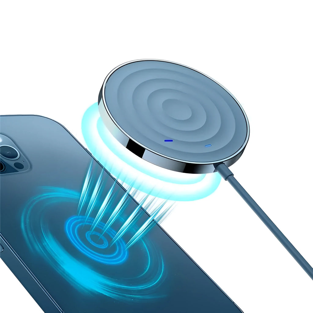 15W magnetic wireless charger in black, blue, and white – ABS body with built-in magnet