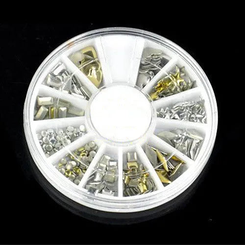 DIY decorative nail art stickers in gold and silver acrylic on a white background