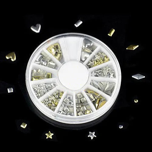 DIY decorative nail art stickers in gold and silver acrylic on a white background