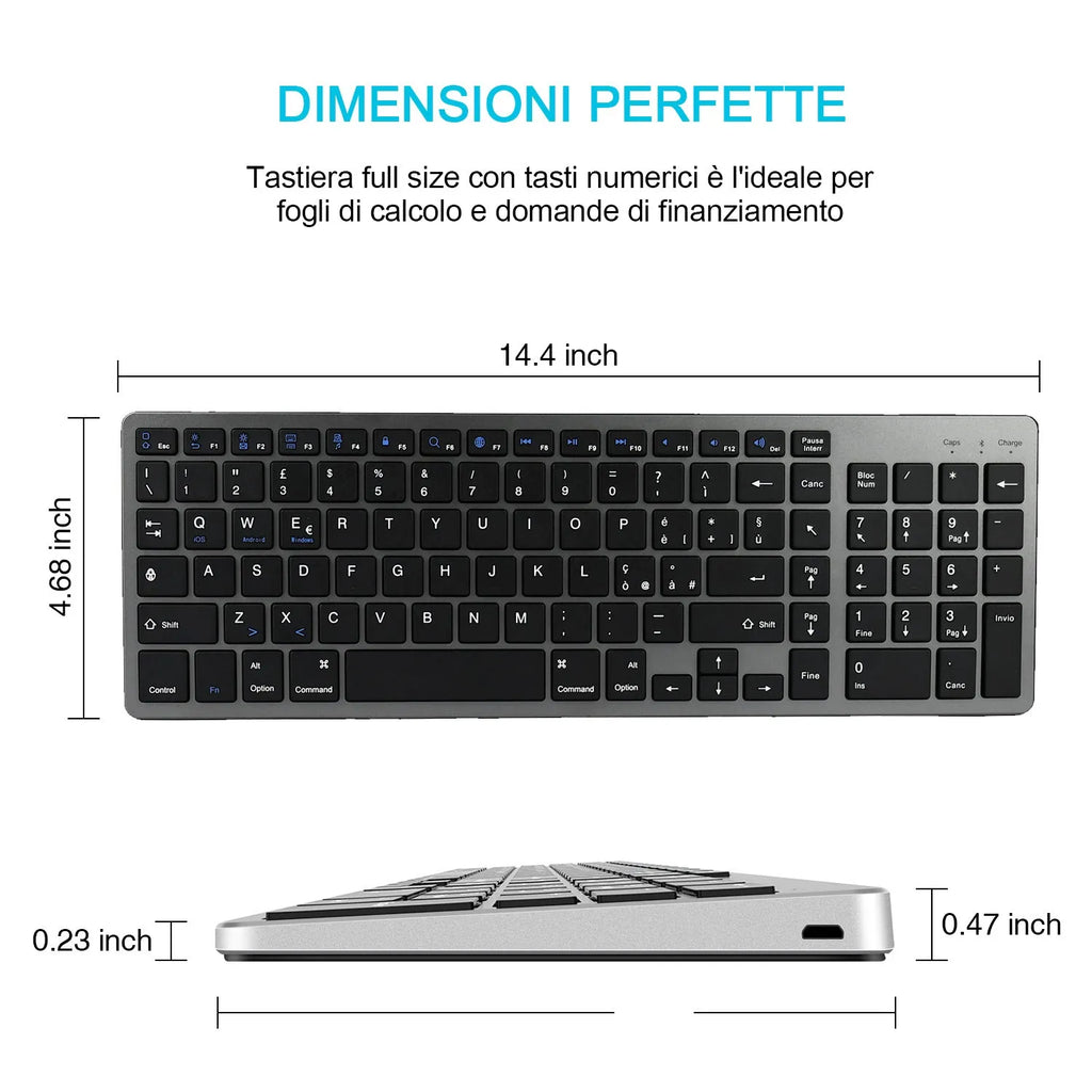 Ultra-thin white rechargeable Bluetooth keyboard next to a tablet, showing its 104-key layout and slim profile.