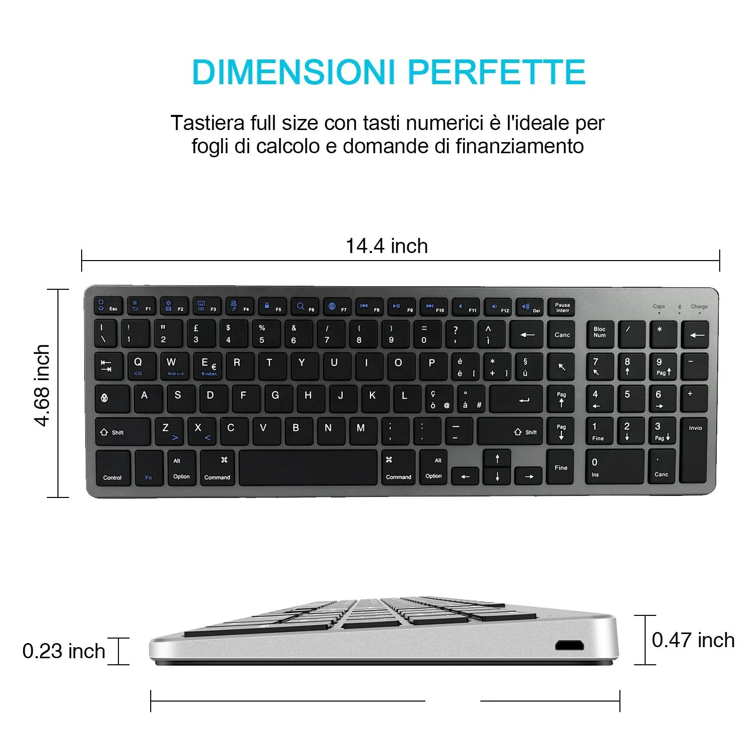 Ultra-thin white rechargeable Bluetooth keyboard next to a tablet, showing its 104-key layout and slim profile.