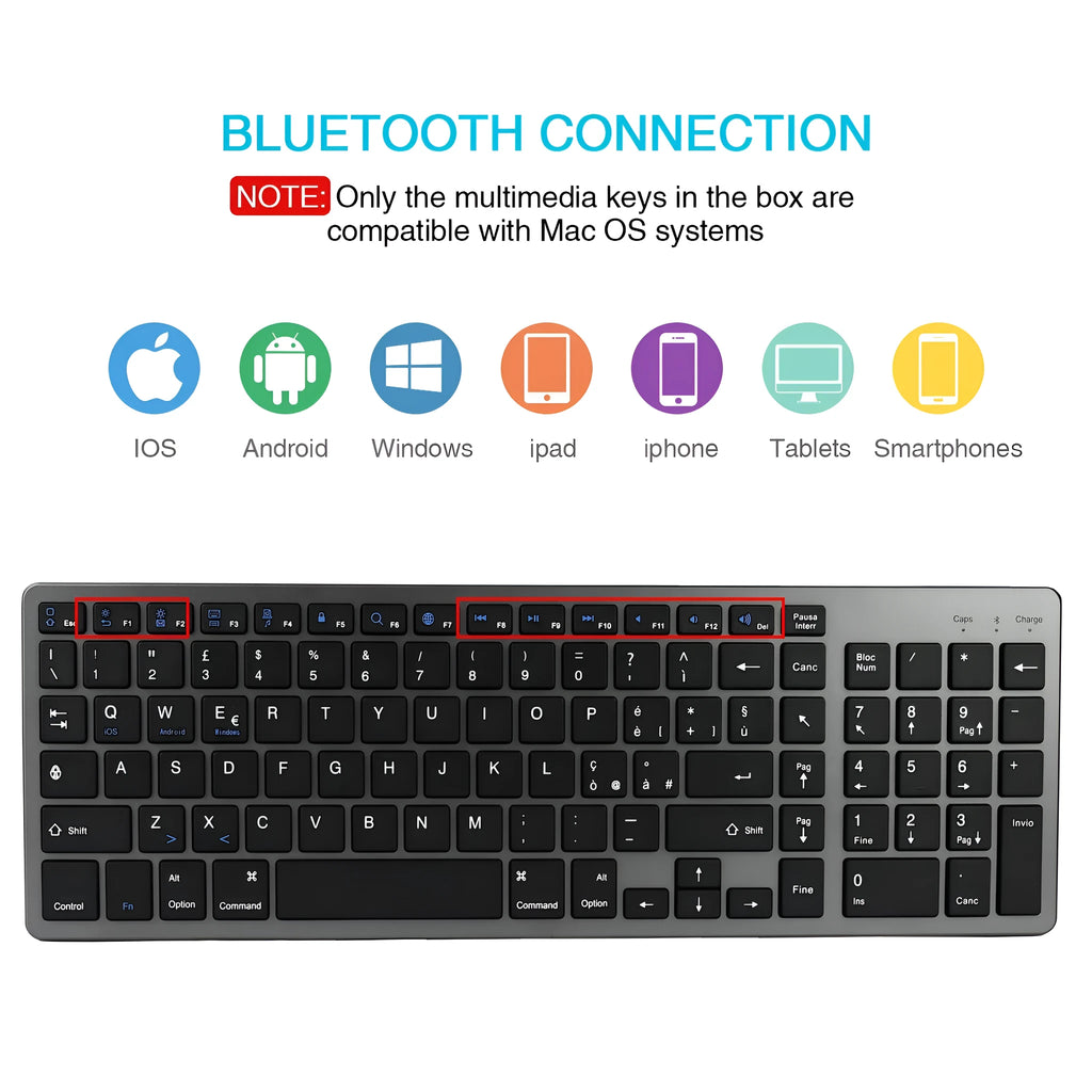 Ultra-thin white rechargeable Bluetooth keyboard next to a tablet, showing its 104-key layout and slim profile.