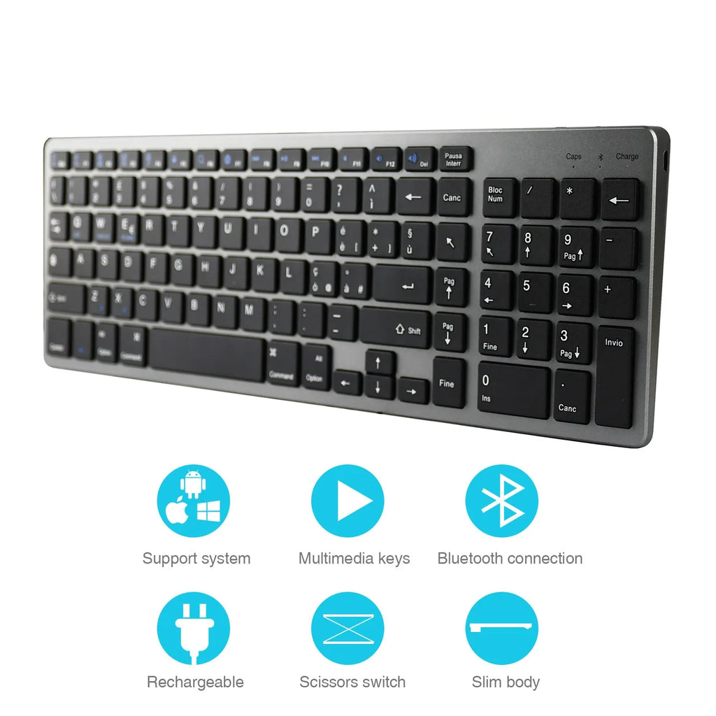 Ultra-thin white rechargeable Bluetooth keyboard next to a tablet, showing its 104-key layout and slim profile.