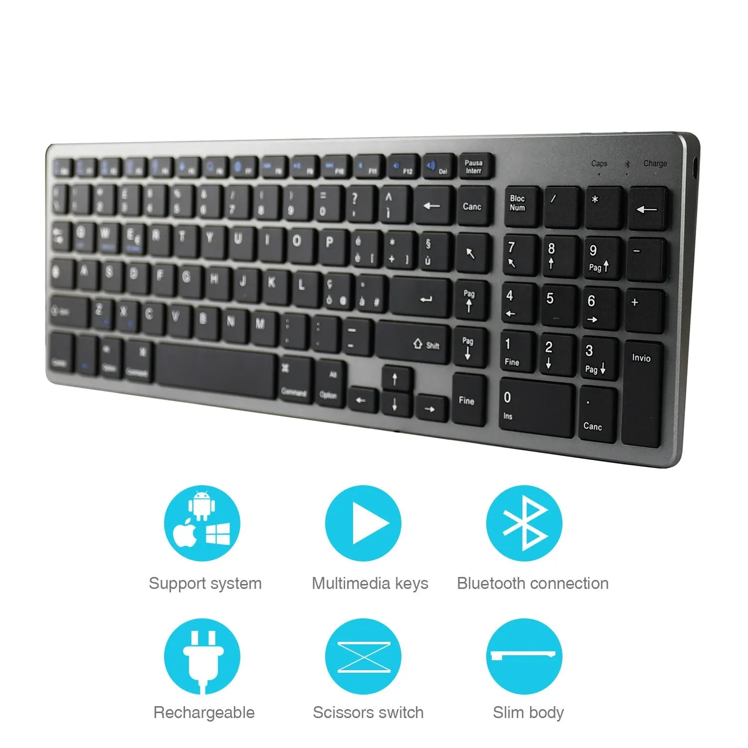 Ultra-thin white rechargeable Bluetooth keyboard next to a tablet, showing its 104-key layout and slim profile.