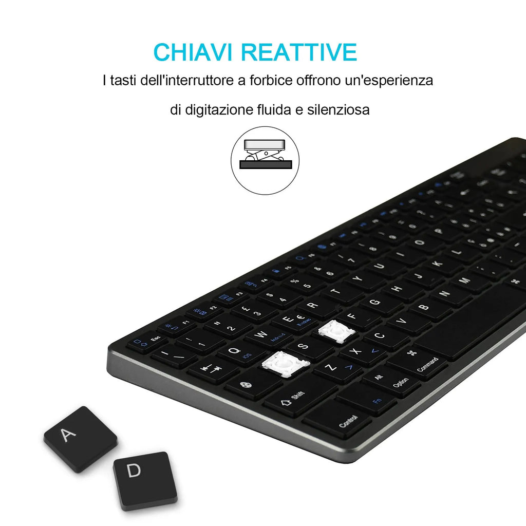 Ultra-thin white rechargeable Bluetooth keyboard next to a tablet, showing its 104-key layout and slim profile.