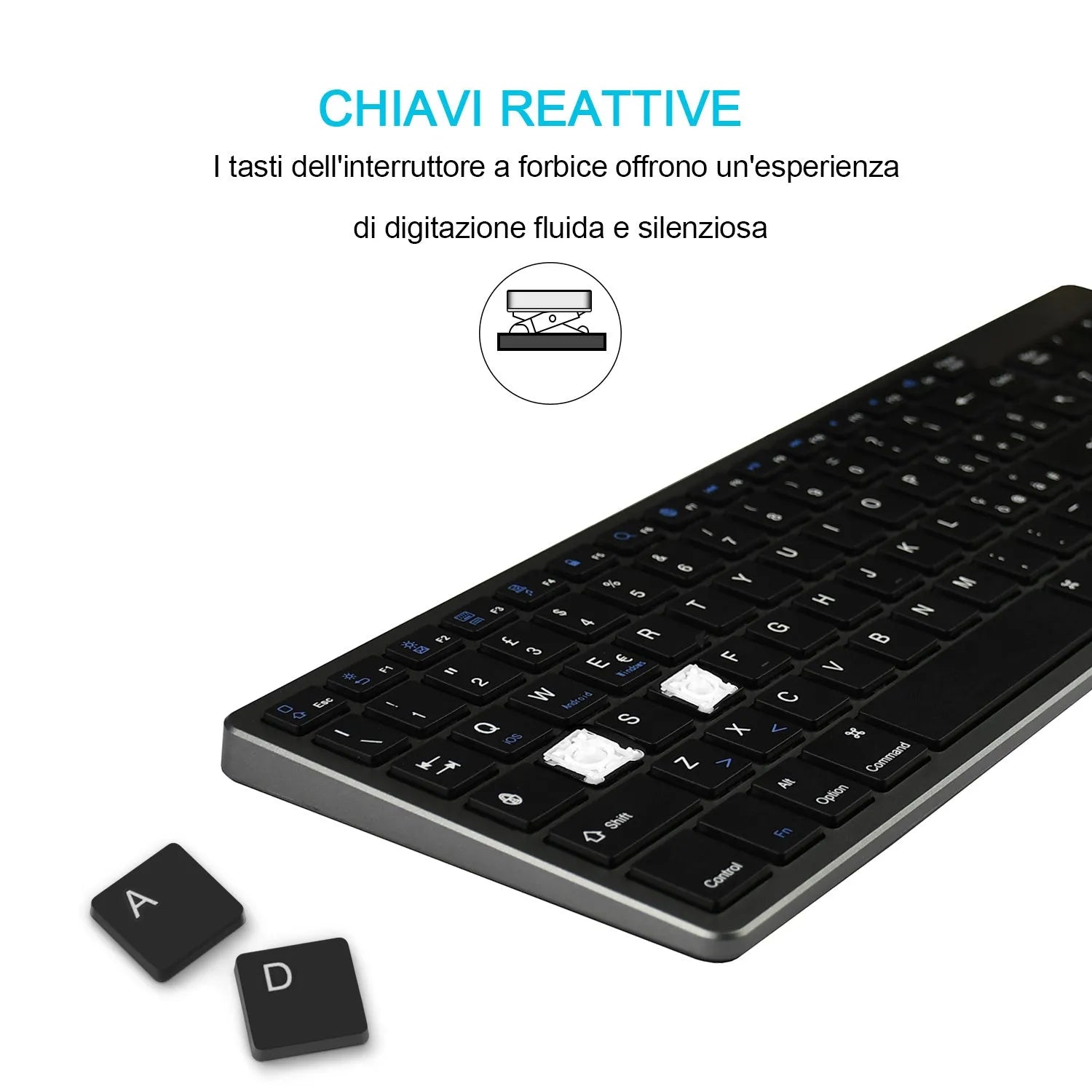 Ultra-thin white rechargeable Bluetooth keyboard next to a tablet, showing its 104-key layout and slim profile.