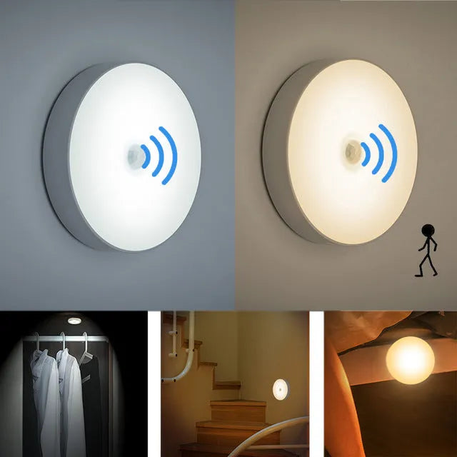 Small round white USB rechargeable motion sensor LED night light with 3M adhesive tape.