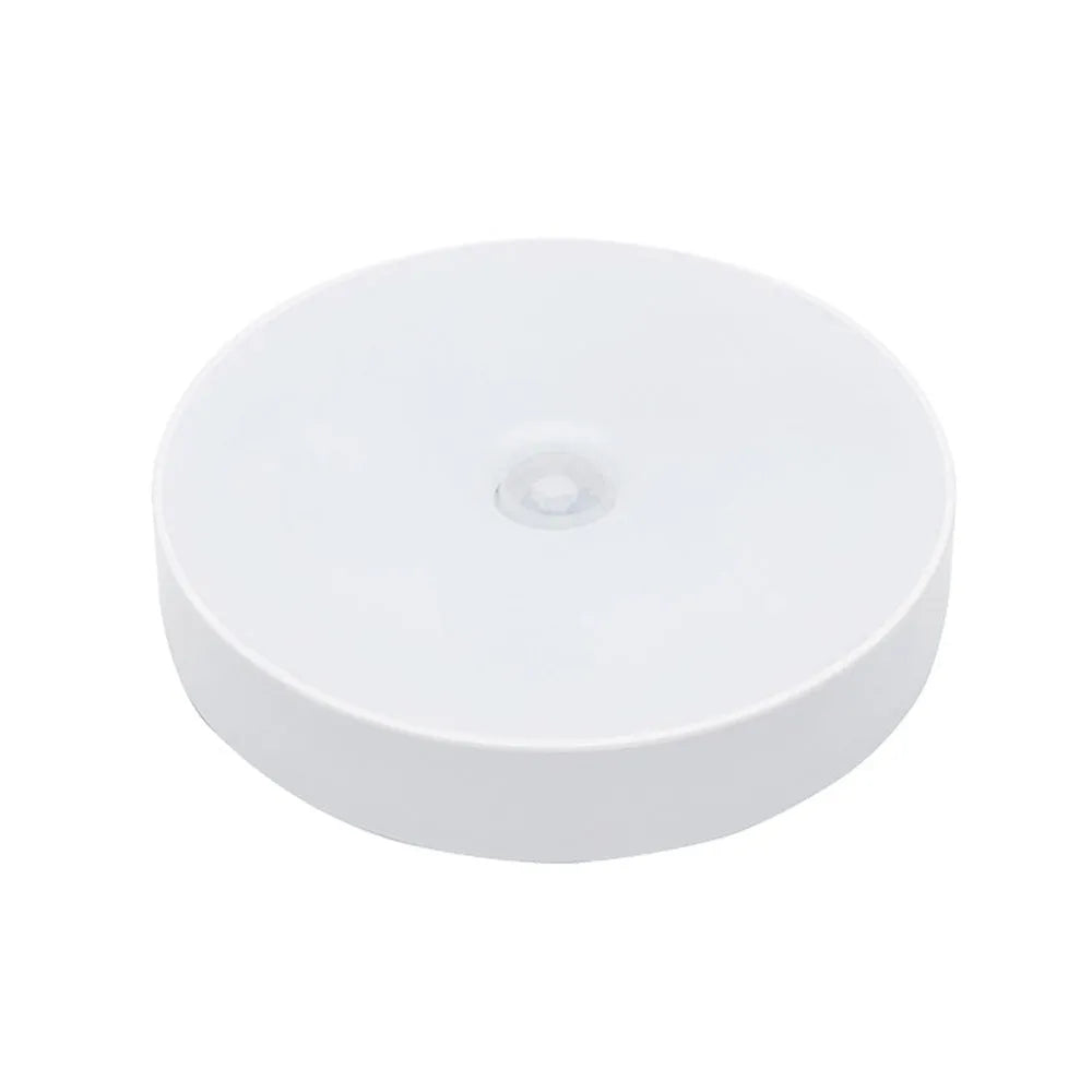 Small round white USB rechargeable motion sensor LED night light with 3M adhesive tape.