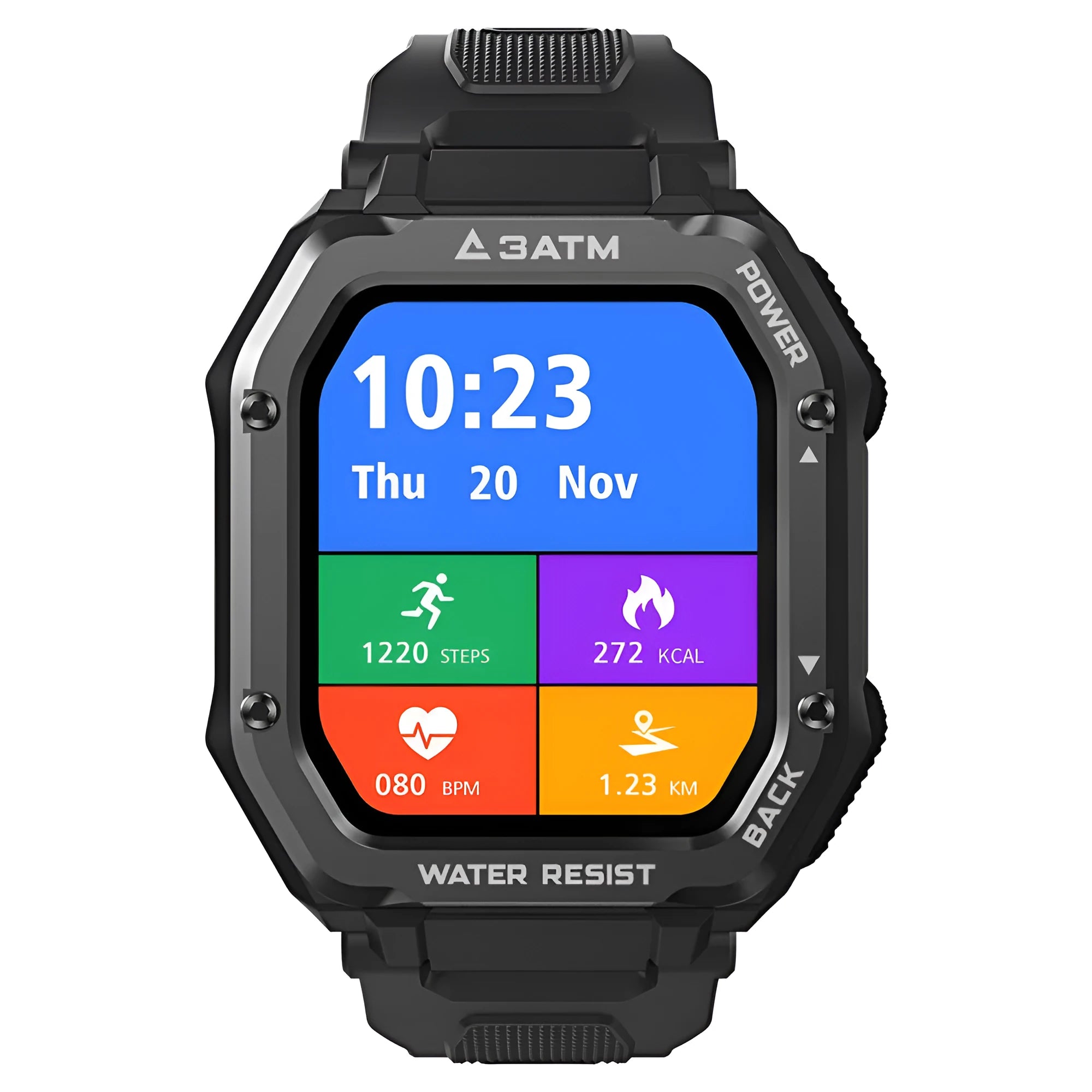 Army Green outdoor smart watch with 1.69-inch display and silicone wristband showing sports tracking interface