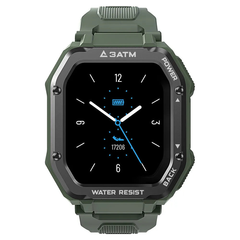 Army Green outdoor smart watch with 1.69-inch display and silicone wristband showing sports tracking interface
