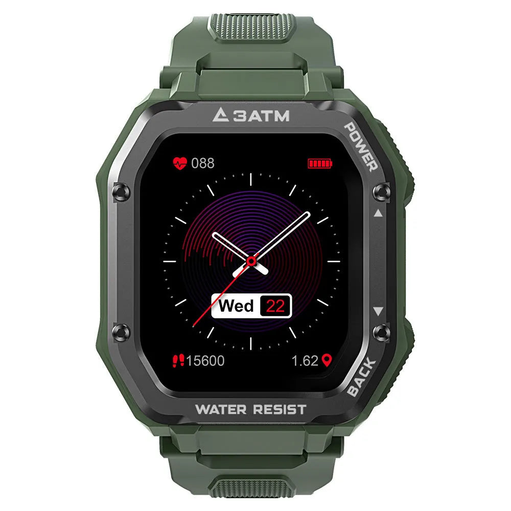 Army Green outdoor smart watch with 1.69-inch display and silicone wristband showing sports tracking interface