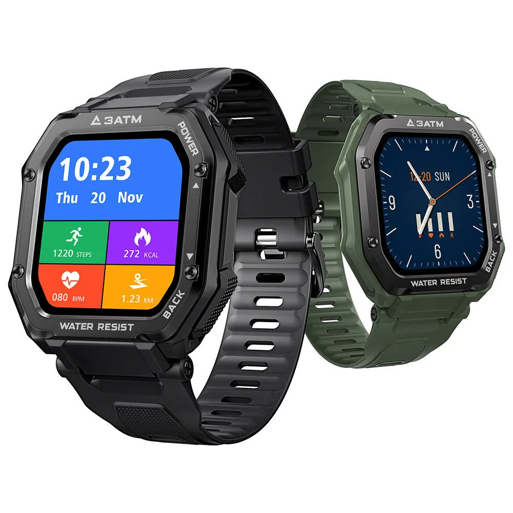 Army Green outdoor smart watch with 1.69-inch display and silicone wristband showing sports tracking interface