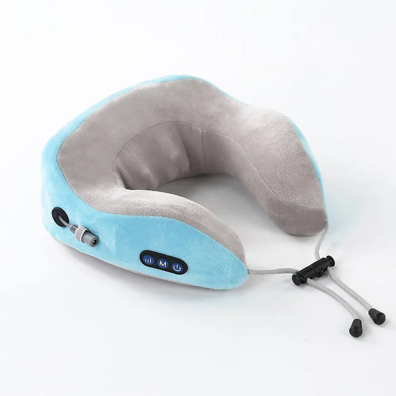 Electric neck massager U shaped pillow with Shiatsu kneading nodes, blue velvet cover, USB charging port, compact 24x26x10 cm size