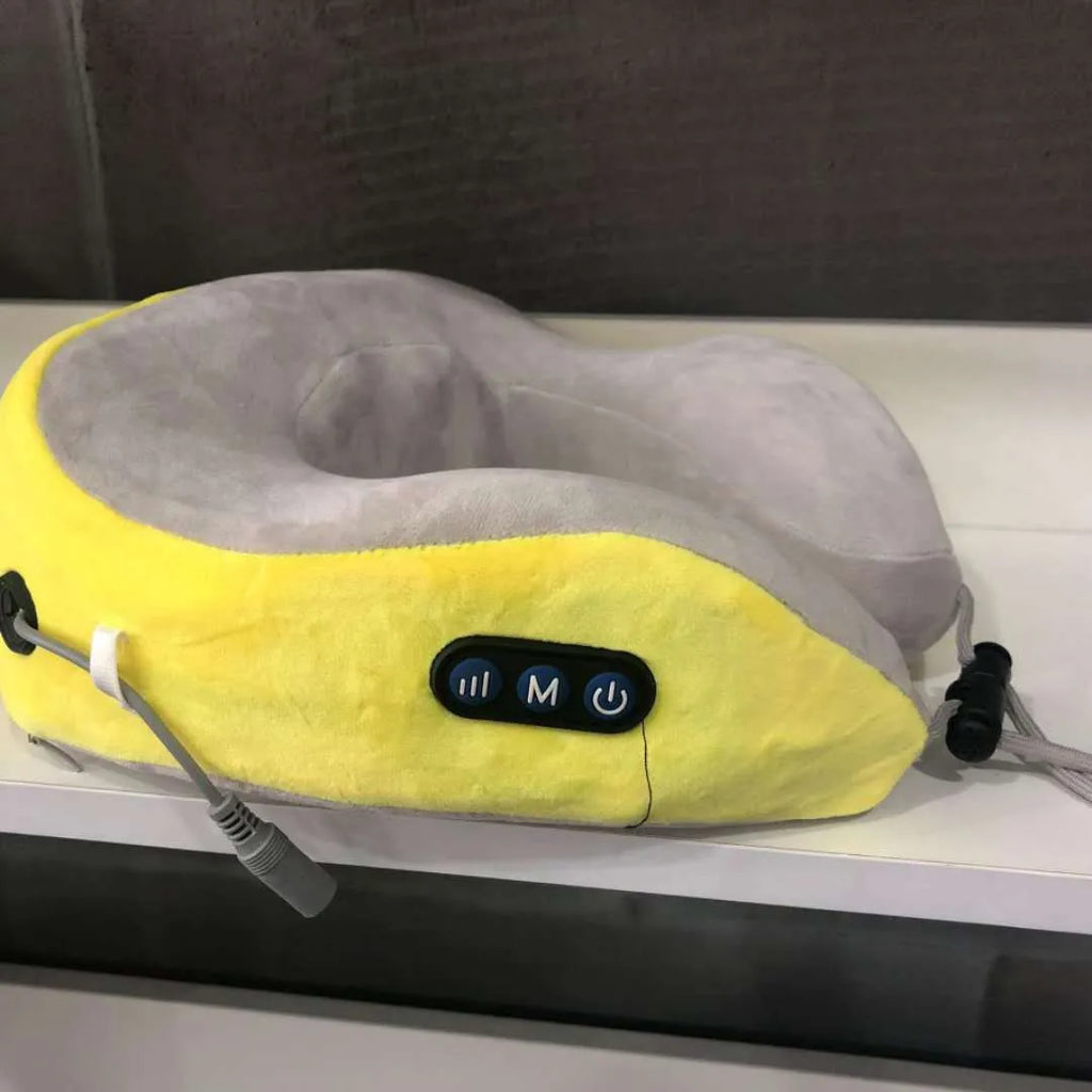 Electric neck massager U shaped pillow with Shiatsu kneading nodes, blue velvet cover, USB charging port, compact 24x26x10 cm size