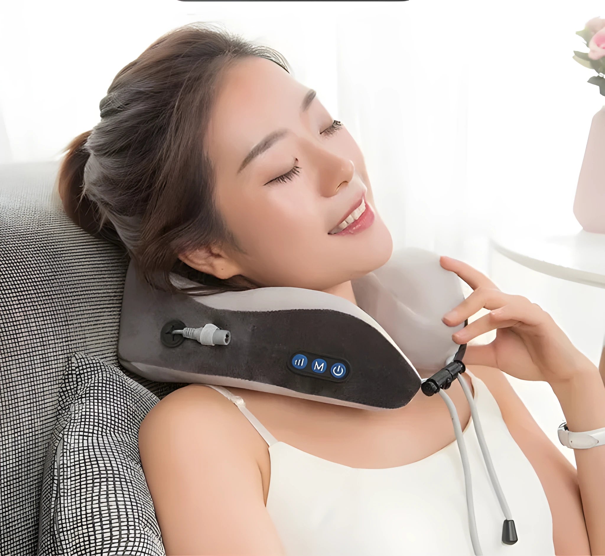 Electric neck massager U shaped pillow with Shiatsu kneading nodes, blue velvet cover, USB charging port, compact 24x26x10 cm size
