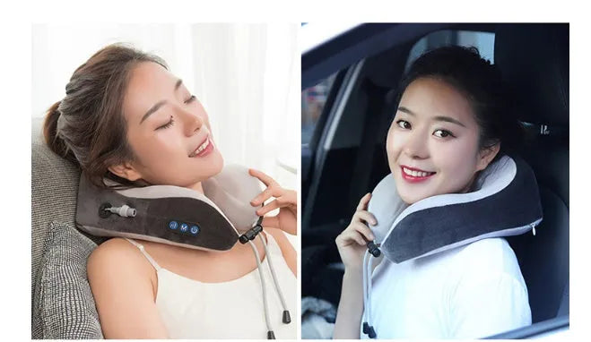 Electric neck massager U shaped pillow with Shiatsu kneading nodes, blue velvet cover, USB charging port, compact 24x26x10 cm size