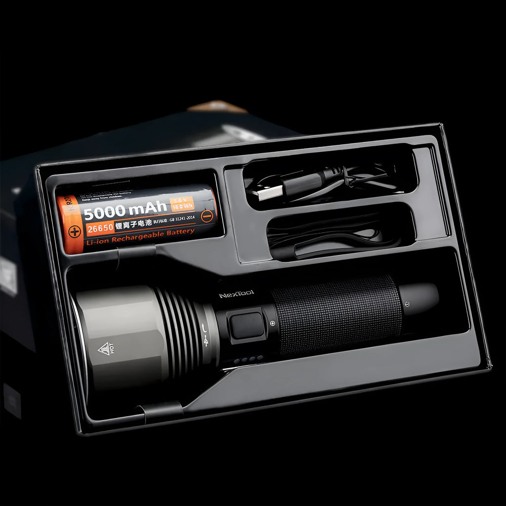 Black aluminium rechargeable flashlight showing scale with 2000 lumen output and type-C charging port