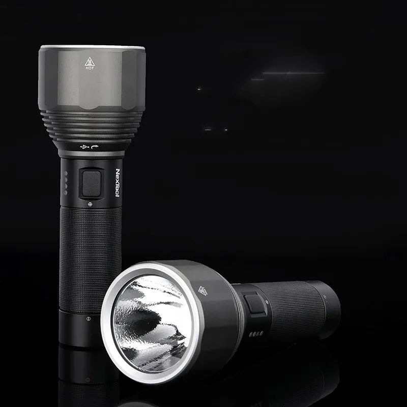 Black aluminium rechargeable flashlight showing scale with 2000 lumen output and type-C charging port