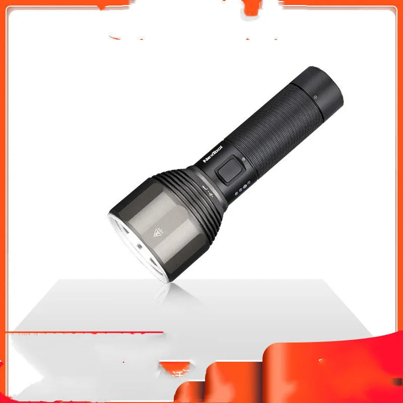 Black aluminium rechargeable flashlight showing scale with 2000 lumen output and type-C charging port