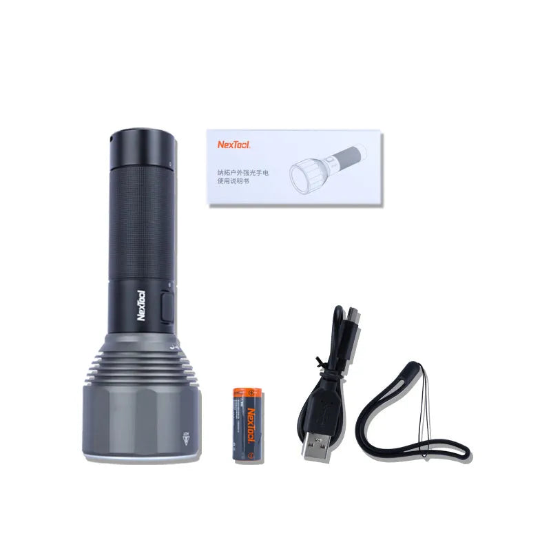 Black aluminium rechargeable flashlight showing scale with 2000 lumen output and type-C charging port