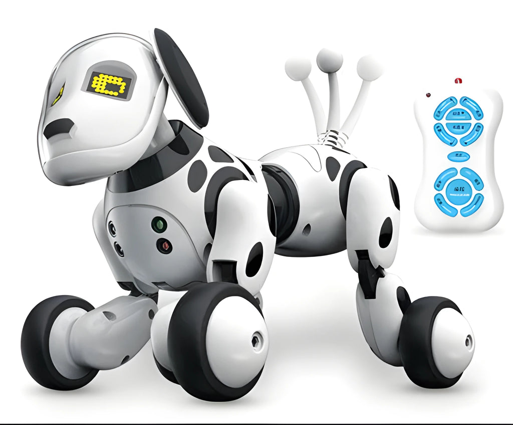Blue and white smart robot dog toy with remote control on a table