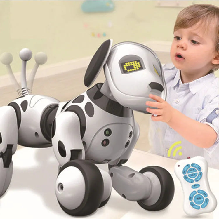 Blue and white smart robot dog toy with remote control on a table