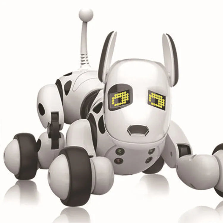 Blue and white smart robot dog toy with remote control on a table