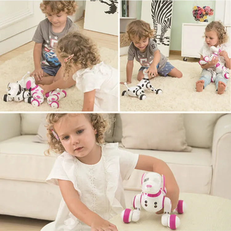 Blue and white smart robot dog toy with remote control on a table