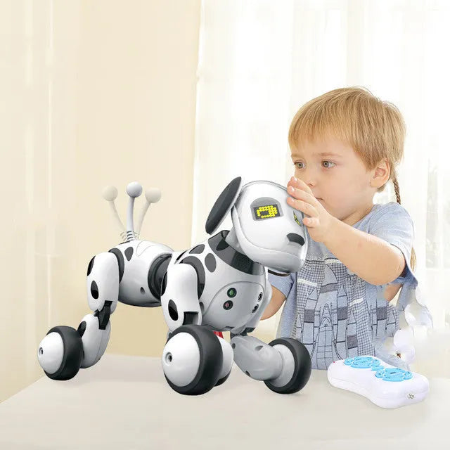 Blue and white smart robot dog toy with remote control on a table