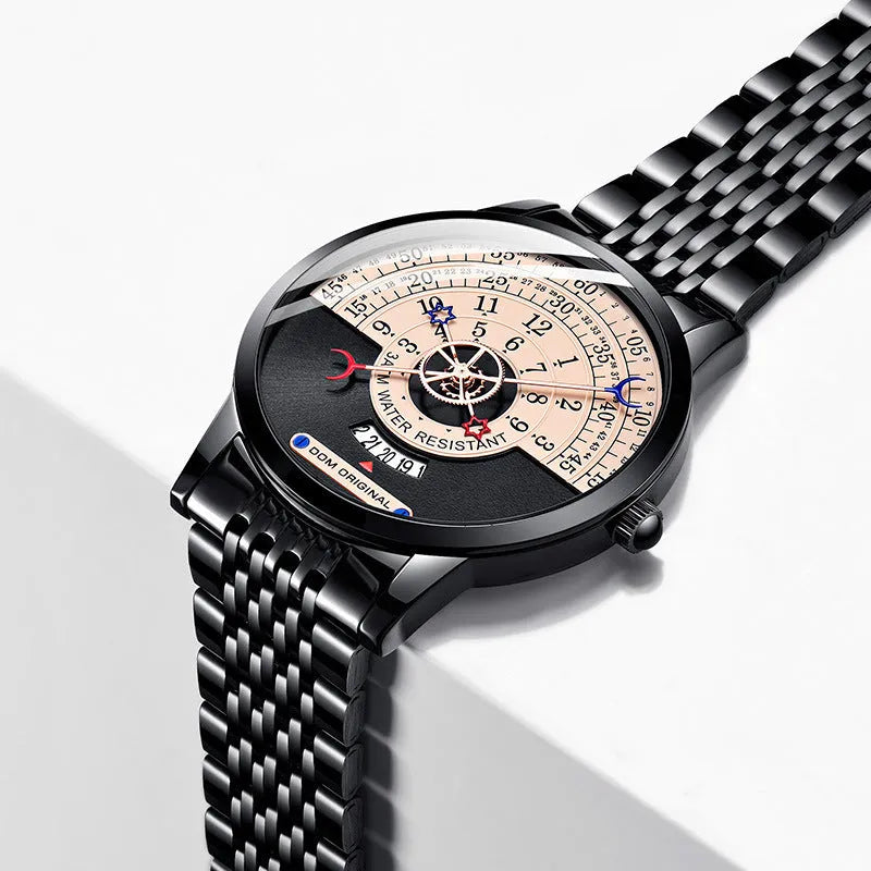 M-1288 men's sports watch with 40mm round dial, alloy case, and stainless steel or leather strap options