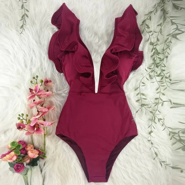 Women's one piece swimsuit with ruffle detail and built-in steel support in colour option A, sleeveless design for beach wear