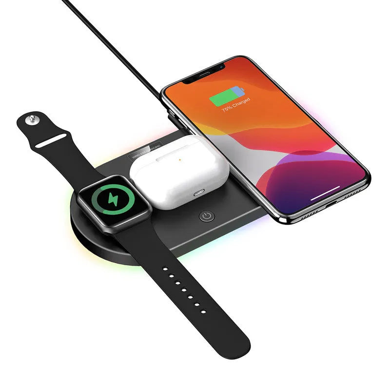 Black and white 15W fast wireless desktop charging pad with a status indicator light.