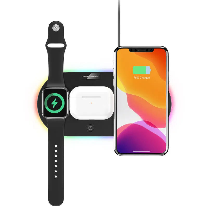 Black and white 15W fast wireless desktop charging pad with a status indicator light.
