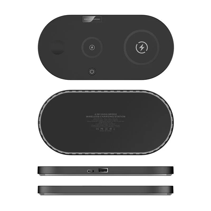 Black and white 15W fast wireless desktop charging pad with a status indicator light.