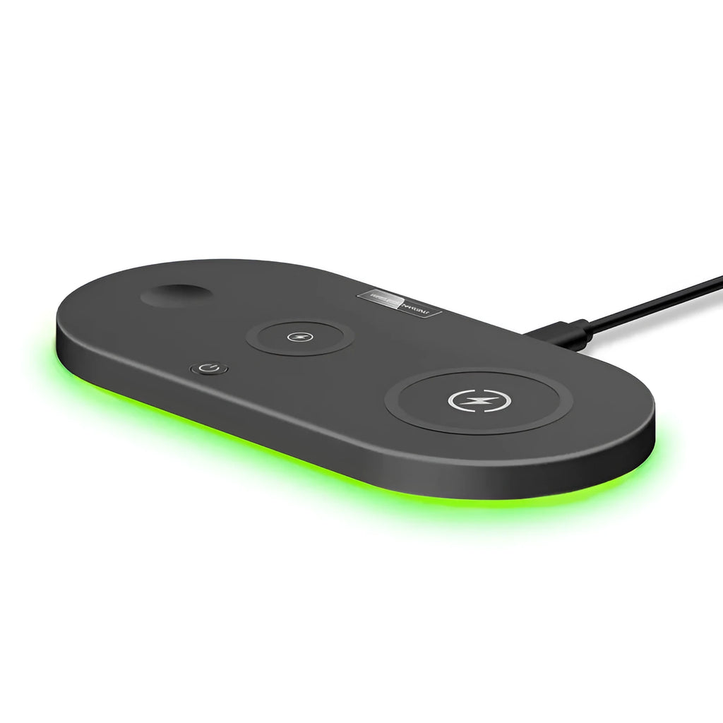 Black and white 15W fast wireless desktop charging pad with a status indicator light.