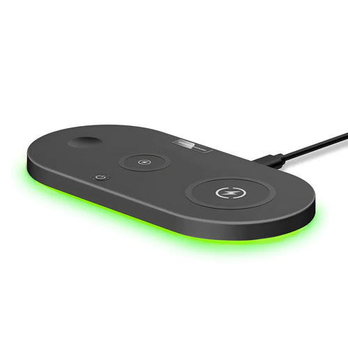 Black and white 15W fast wireless desktop charging pad with a status indicator light.